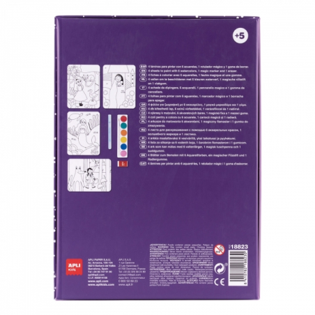 Apli Magic Coloring Set - Comprend 4 feuilles illustrées - 6 pots d'aquarelle - Pinceau - Gomme - Marqueur magique - Puces
