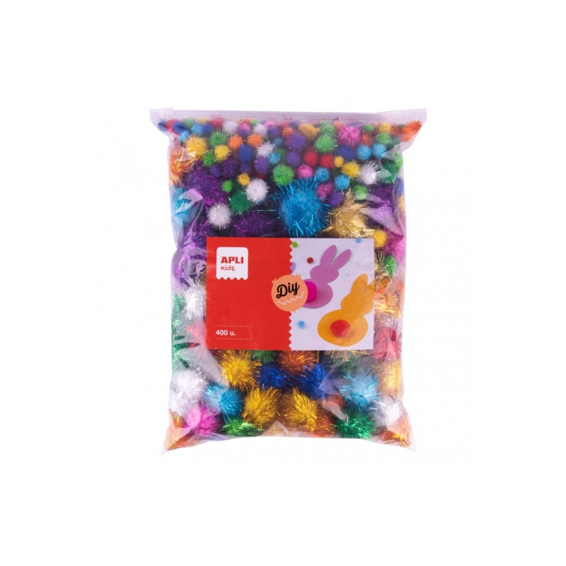 Apli Pack de 400 Pompons Lumineux - Format Scolaire - Fermeture Zip Améliorée - Idéal pour Travaux Manuels et Décorations