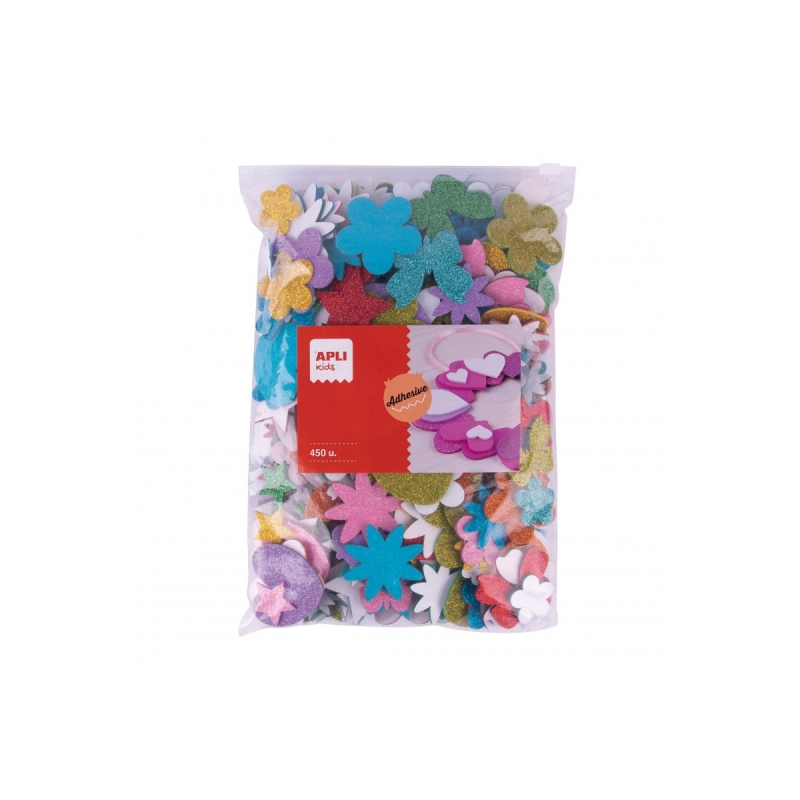Apli Lot de 450 formes adhésives pailletées en EVA – Étoiles, cœurs, fleurs et papillons – Épaisseur 2 mm – Fermeture éclair