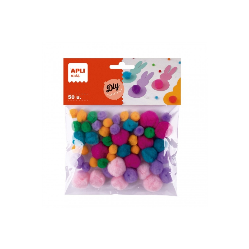 Apli Pack de 50 Pompons Soft Touch - Idéal pour le bricolage des enfants - Stimule la créativité - Couleurs assorties