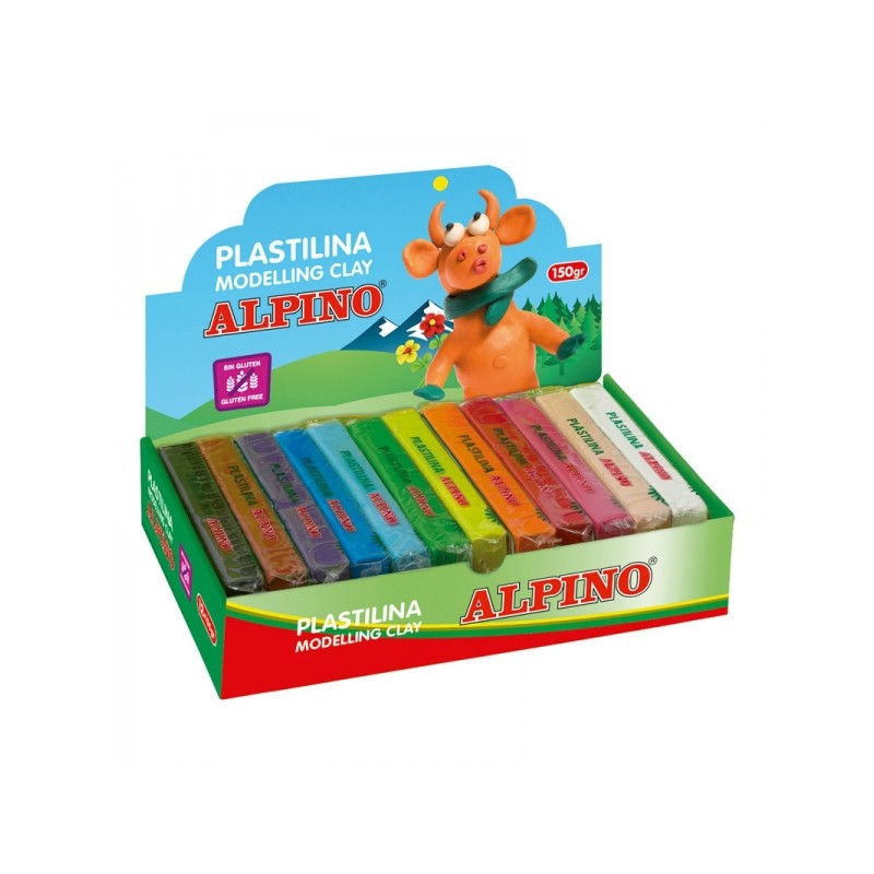 Alpino Présentoir de 12 Tablettes de Pâte à Modeler 150gr - Très Souple - Mélangable - Sans Gluten - Couleurs Assorties