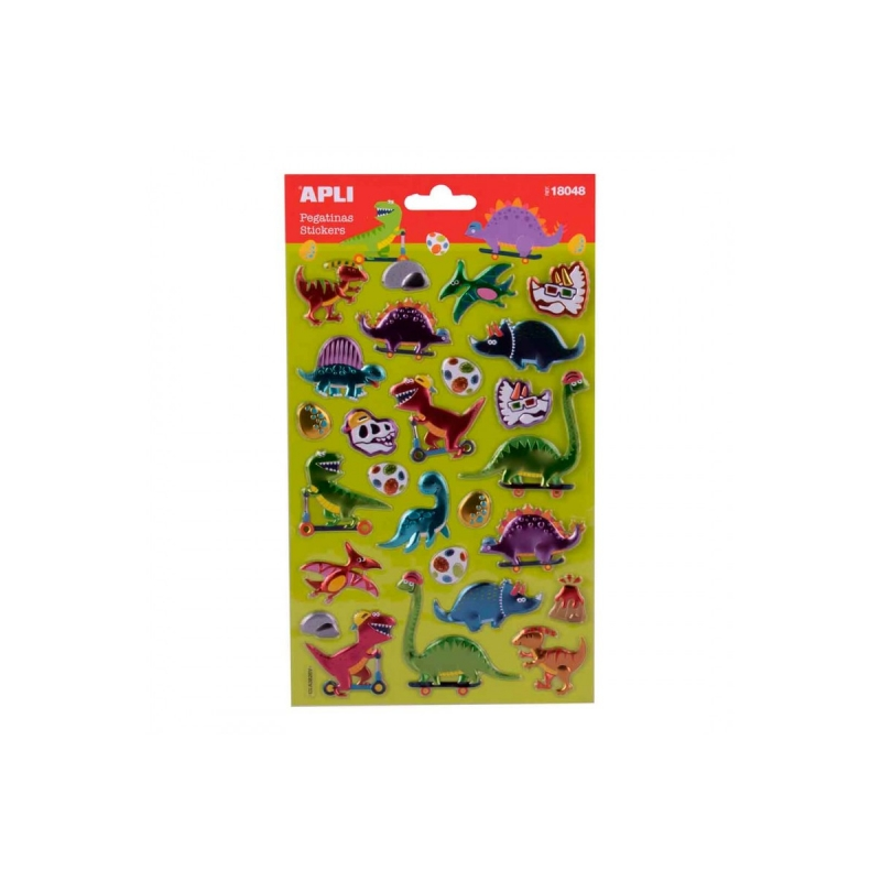 Apli Sachet de Stickers Dinosaures - Finition Métallique - Adhésif Permanent - Idéal pour le Scrapbooking et la Décoration