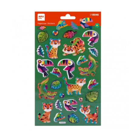 Apli Sachet de Stickers Animaux de la Jungle - Finition Métallique - Adhésif Permanent - Idéal pour le Scrapbooking et la