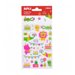 Apli Sachet de Stickers Animaux et Fête d'Anniversaire - Finition Néon - Adhésif Permanent - Idéal pour Scrapbooking et