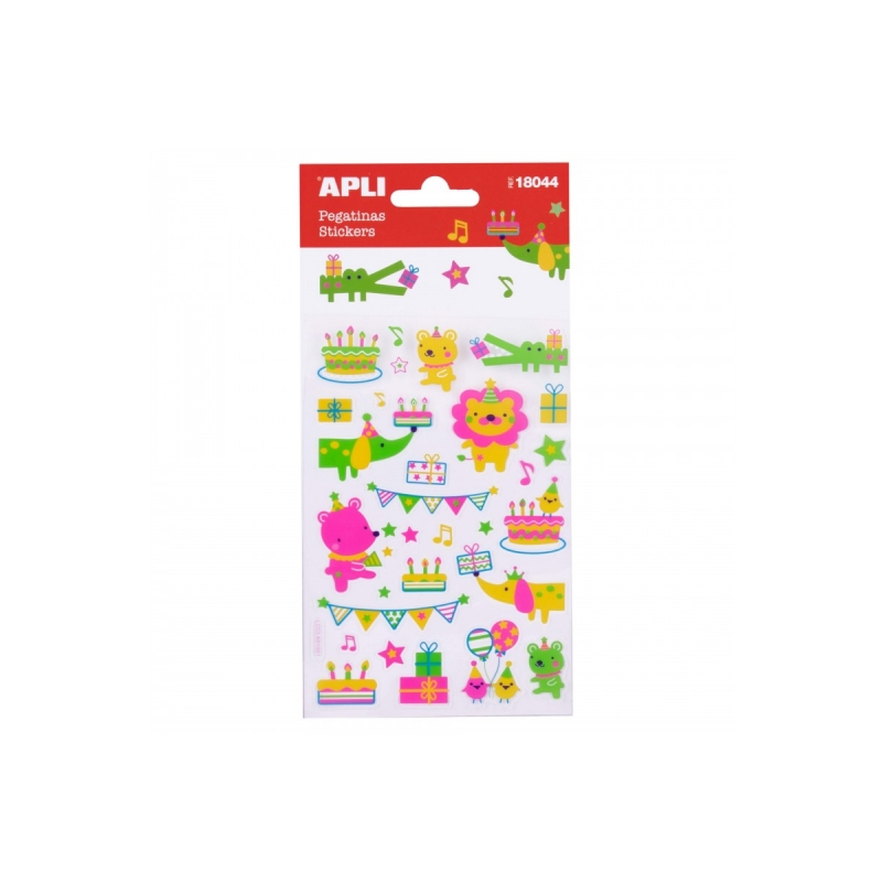 Apli Sachet de Stickers Animaux et Fête d'Anniversaire - Finition Néon - Adhésif Permanent - Idéal pour Scrapbooking et
