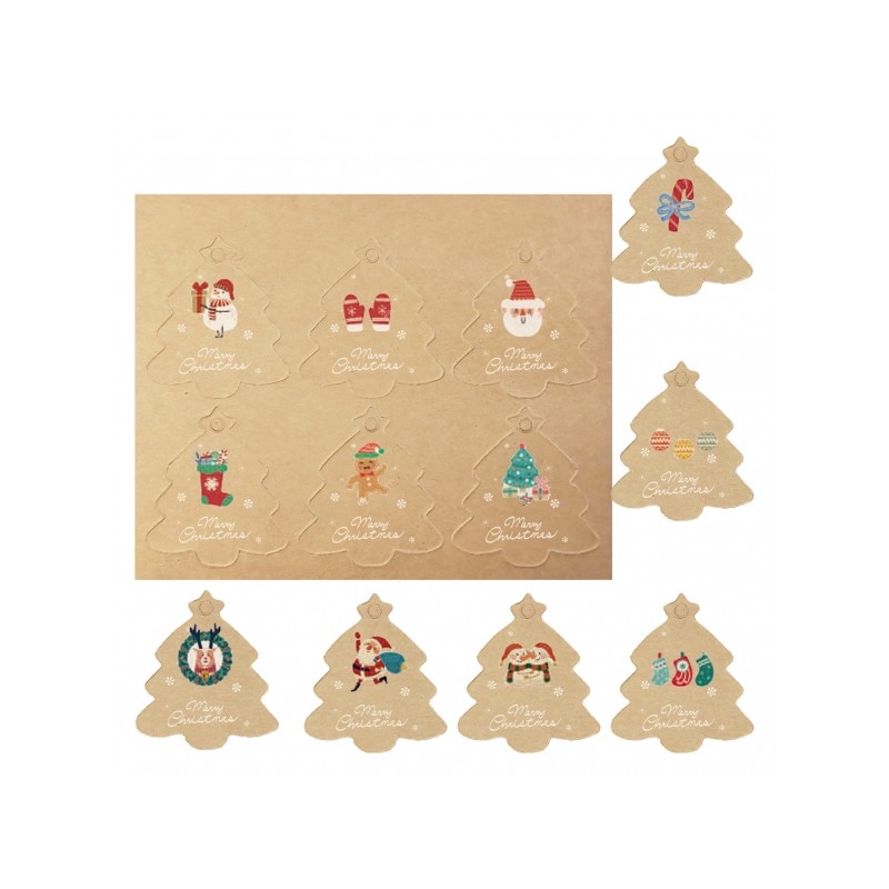 Dohe Christmas Kraft Pack de 48 étiquettes cadeaux - Motifs de Noël - Taille 4,5x5 cm - Découpées sur carton - Cordon inclus