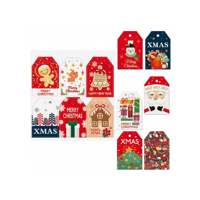 Dohe Christmas Pack de 48 étiquettes cadeaux - Motifs de Noël - Taille 4,6x6,8 cm - Découpées sur carton - Cordon inclus