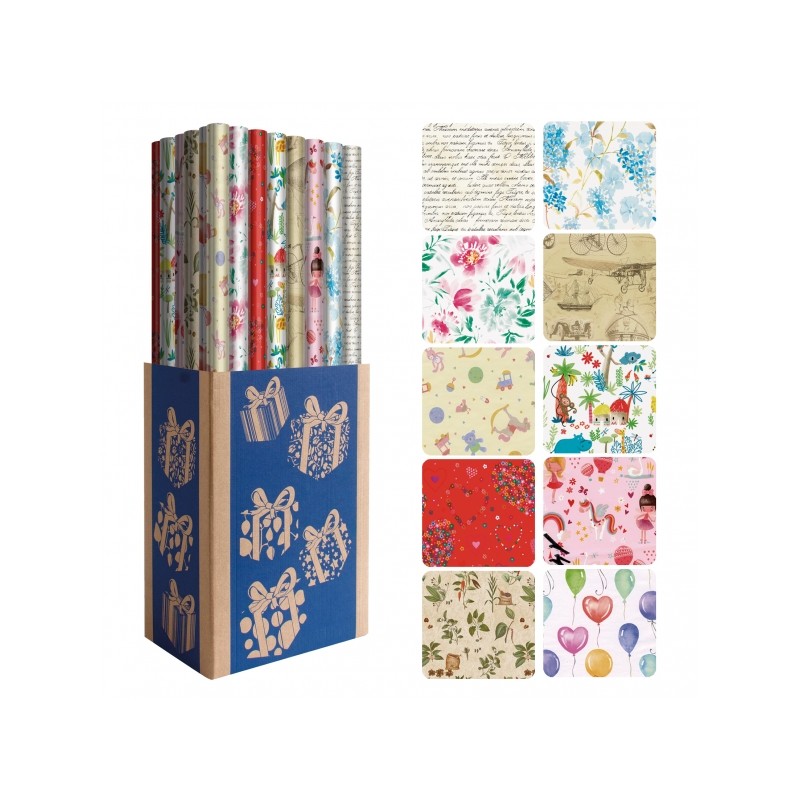 Dohe Présentoir quotidien de 50 rouleaux de papier cadeau – 10 motifs différents – 5 rouleaux par motif – Dimensions du rouleau