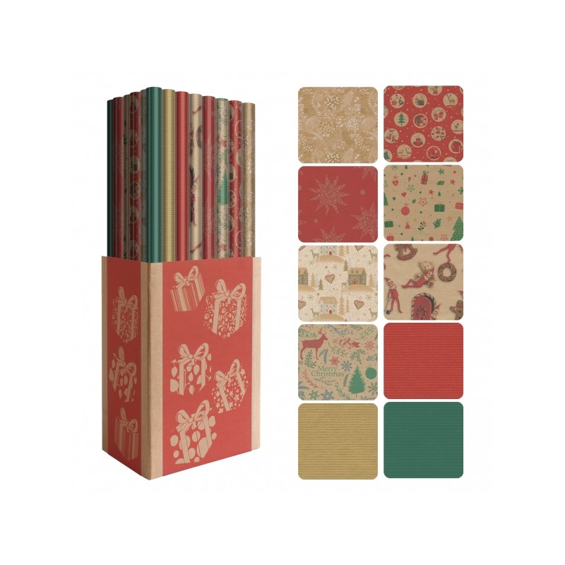 Dohe Présentoir Kraft de Noël de 50 rouleaux de papier cadeau - 10 motifs différents - 5 rouleaux par motif - Dimensions du