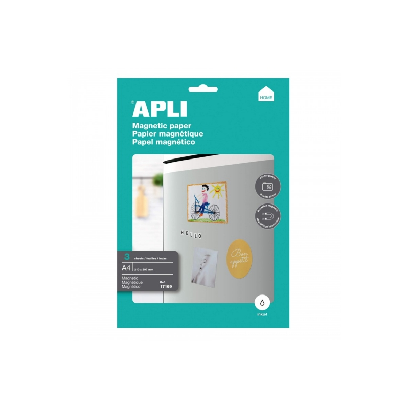 Apli Pack de 3 Feuilles de Papier Magnétique A4 - 650gr - Adapté aux Imprimantes Jet d'Encre - Facile à Utiliser - Idéal pour