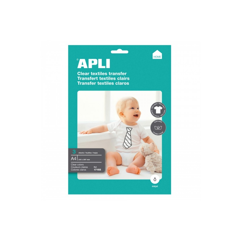 Apli Pack de 3 Feuilles de Papier Transfert pour Imprimantes Jet d'encre - Idéal pour les vêtements blancs et 100% coton