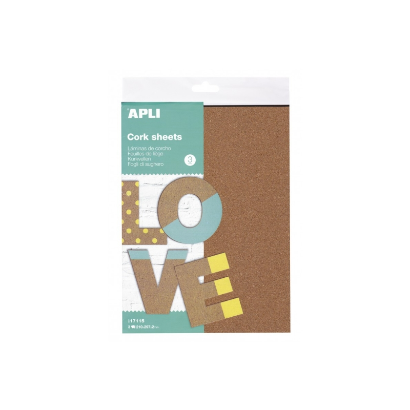 Apli Pack de 3 Feuilles de Liège A4 - Naturel et Écologique - Facile à découper et à peindre - Idéal pour les travaux manuels