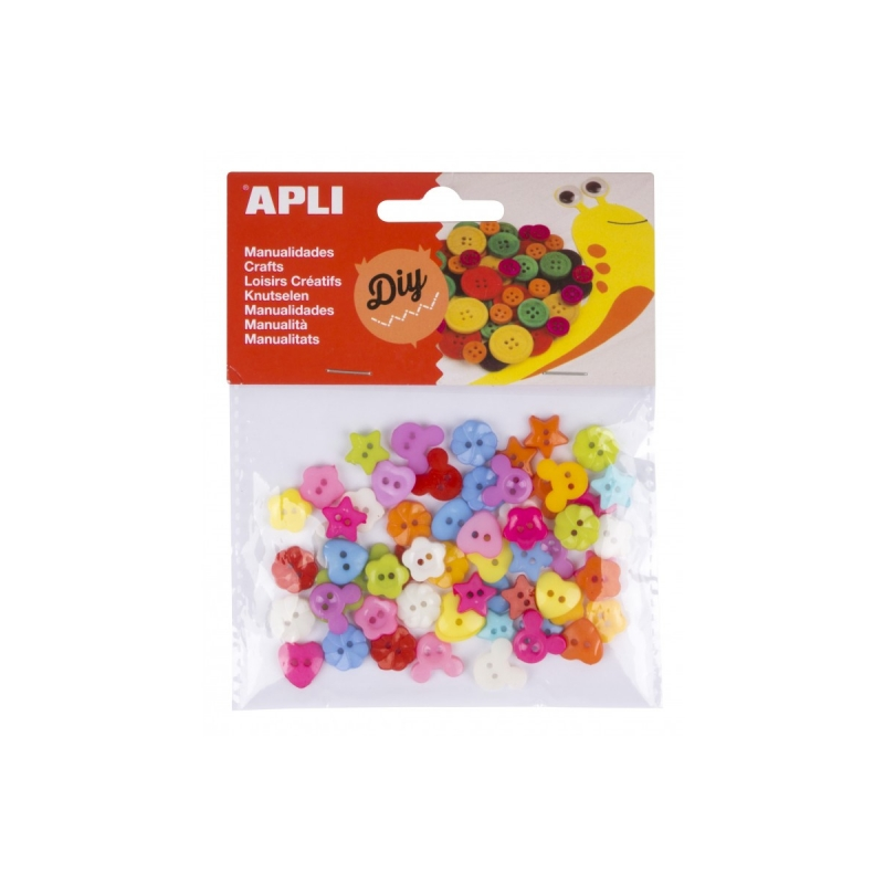 Apli Pack de 60 Boutons en Plastique Assortis - Formes Diverses - Idéal pour la Couture et l'Artisanat - Couleurs Assorties