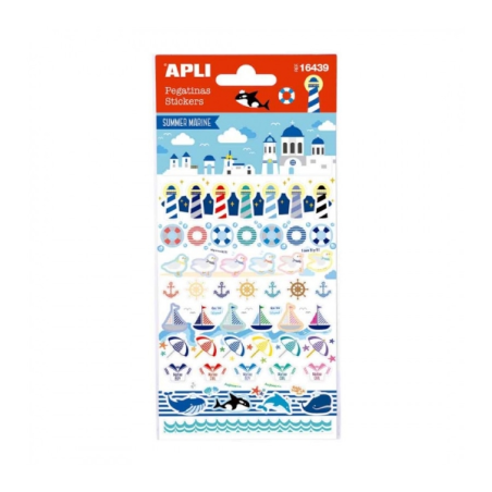 Apli Sachet de Stickers Été - Thème Nautique - 58 Stickers - Adhésif Permanent - Idéal pour le Scrapbooking et la Décoration
