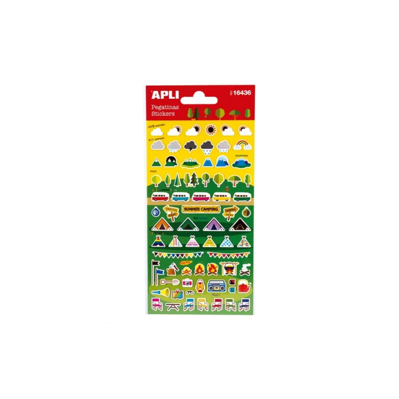 Apli Sachet de Stickers Camping - Finition Mat - Adhésif Permanent - Idéal pour le Scrapbooking et la Décoration - Favorise la