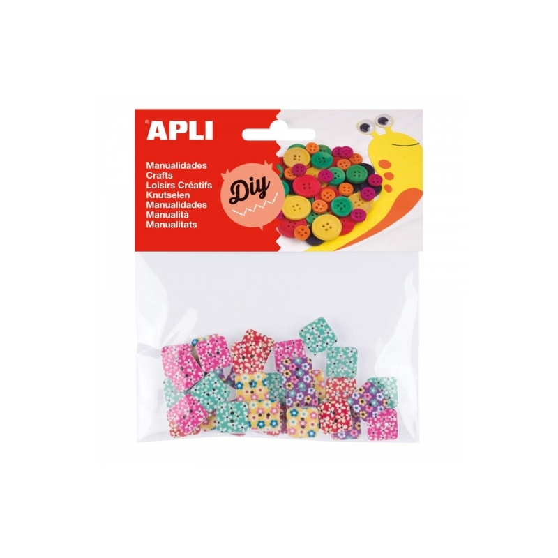 Boutons carrés en bois Apli - Imprimés divers - Sachet de 35 unités - Idéal pour la couture, l'artisanat et le scrapbooking