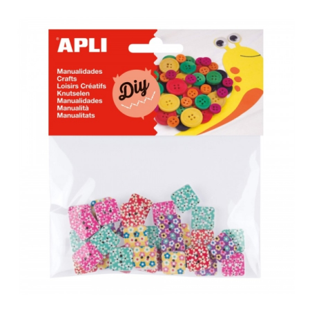 Boutons carrés en bois Apli - Imprimés divers - Sachet de 35 unités - Idéal pour la couture, l'artisanat et le scrapbooking