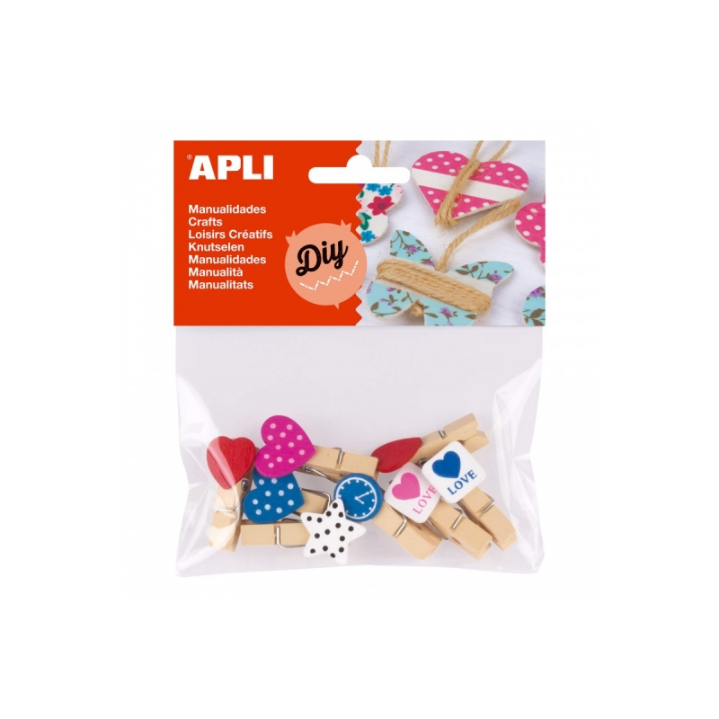Apli Mini Pinces à Linge en Bois - Formes Assorties - Coeurs, Étoile et Horloge - Idéales pour Décorer et Tenir Cartes, Photos