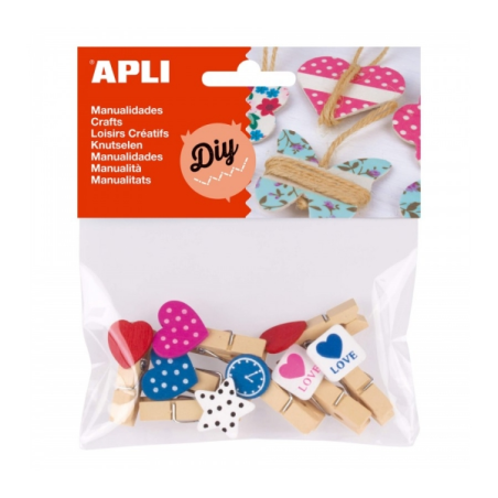 Apli Mini Pinces à Linge en Bois - Formes Assorties - Coeurs, Étoile et Horloge - Idéales pour Décorer et Tenir Cartes, Photos