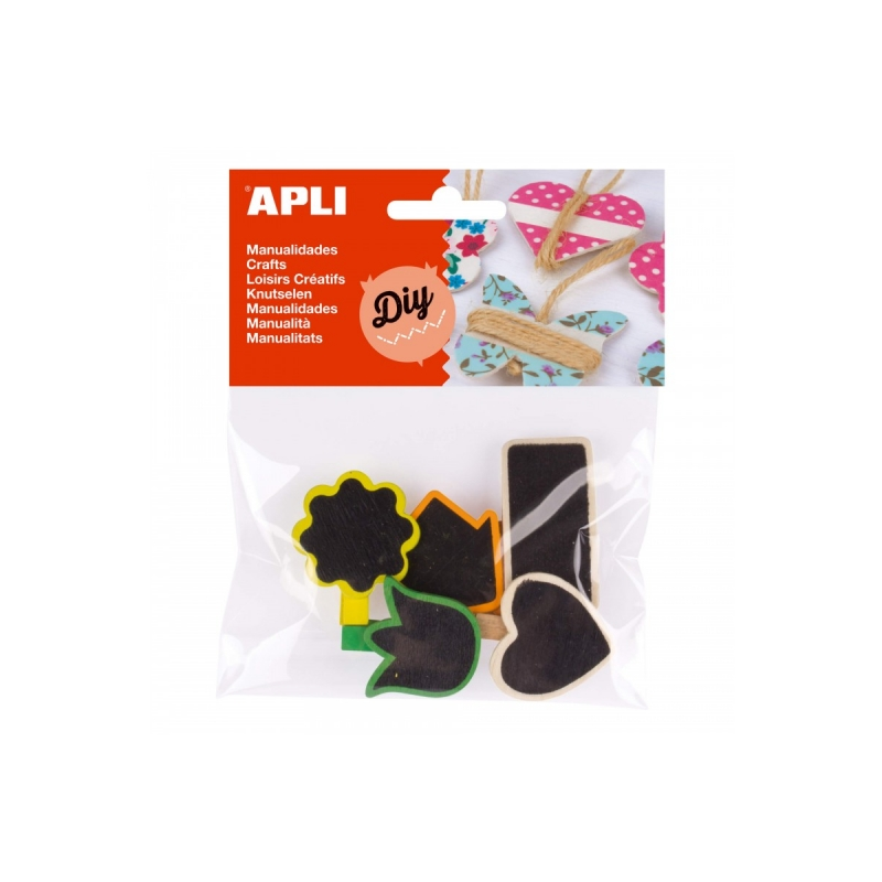 Apli Mini Pinces en Bois avec Formes Finition Ardoise - Fleur - Tulipe - Flèche - Rectangle - Coeur - Idéales pour Décorer et