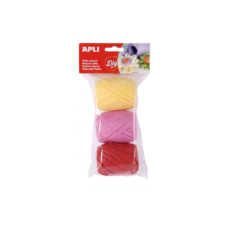 Apli Pack de 3 Boules de Raphia Naturel Tons Bonbons - Idéal pour l'Artisanat et la Décoration - Couleurs Assorties