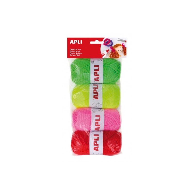 Apli Pack de 4 Pelotes de Laine Acrylique Fluorescente - Souple et Résistante - Lavable en Machine - Idéale pour les Travaux