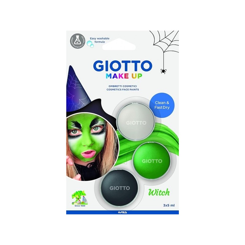 Giotto Make Up Witch Pack avec 3 maquillages pour le visage sur le thème des sorcières - Se lave à l'eau - Testé