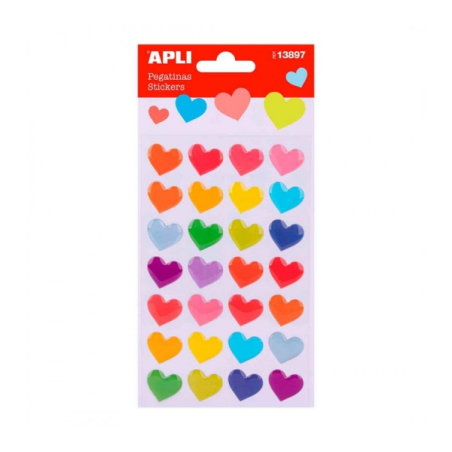Apli Sachet d'Autocollants Forme Coeur - Imprimés Colorés - Finition Feutre - Adhésif Permanent - Stimule la Créativité et la