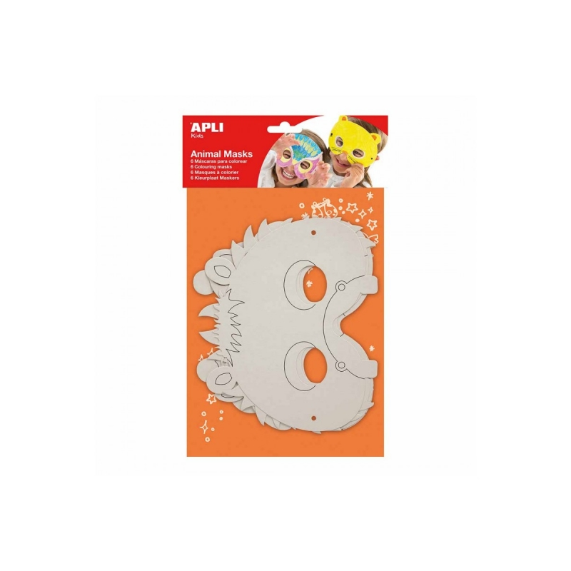 Apli Pack de 6 Masques en Carton à Colorier et Décorer - Formes d'Animaux - Comprend Fil Élastique - Idéal pour les Fêtes et