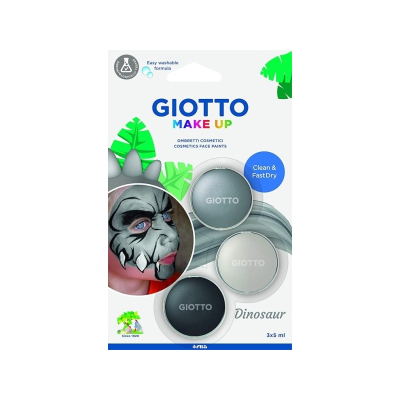 Giotto Make Up Dinosaur Pack avec 3 maquillages pour le visage sur le thème des dinosaures - Se lave à l'eau - Testé