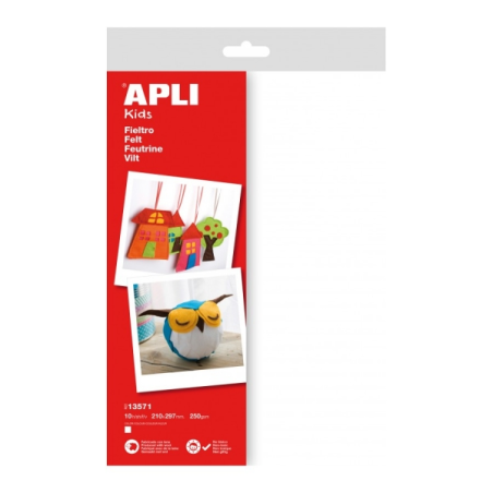 Apli Pack de 10 Feuilles de Feutre A4 - 40% Laine Naturelle - Épaisseur 250gr - Résistantes et Douces - Faciles à Marquer