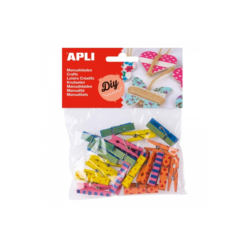Apli Mini pinces à linge en bois – Impressions assorties – Idéales pour décorer et contenir des cartes, des photos, des cadeaux