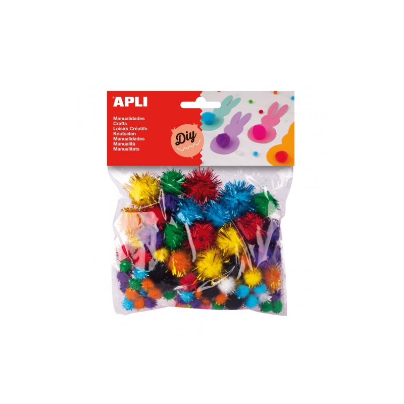 Apli Pack de 78 Pompons Lumineux - Idéal pour le Bricolage et la Décoration - Stimule la Créativité des Enfants - Couleurs