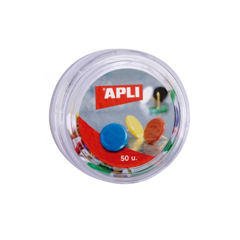 Apli Boîte de 50 punaises nickelées à tête en plastique - Tête arrondie - Pointes pointues - Couleurs assorties