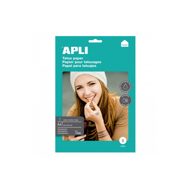 Apli Pack de 2 Feuilles de Papier pour Créer des Tatouages - Imprimable en Jet d'Encre - Polyvalent pour la Peau et les Objets