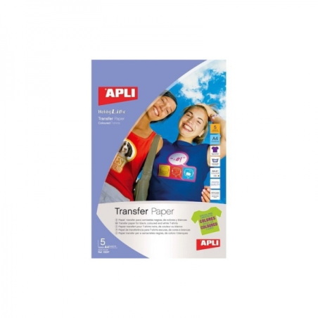 Apli Pack de 5 feuilles de papier transfert pour imprimantes jet d'encre - Idéal pour les vêtements colorés - Parfait pour