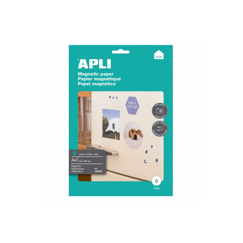 Apli Pack de 8 feuilles de papier magnétique A4 - 650gr - Adapté aux imprimantes jet d'encre - Facile à utiliser - Idéal pour