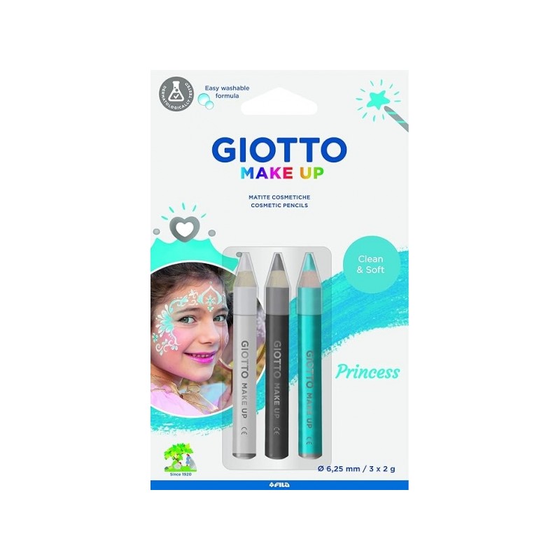 Giotto Make Up Princess Pack de 3 crayons cosmétiques sur le thème des princesses - Se lave à l'eau - Testé dermatologiquement