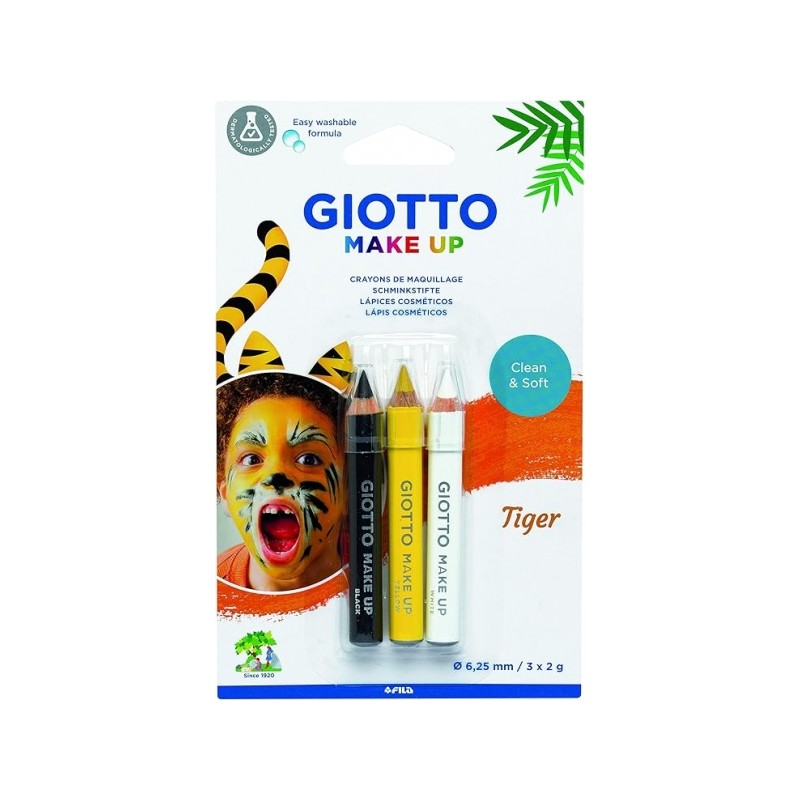 Giotto Make Up Tiger Pack de 3 crayons cosmétiques thème Tigre - Se lave à l'eau - Testé dermatologiquement - Couleurs assorties