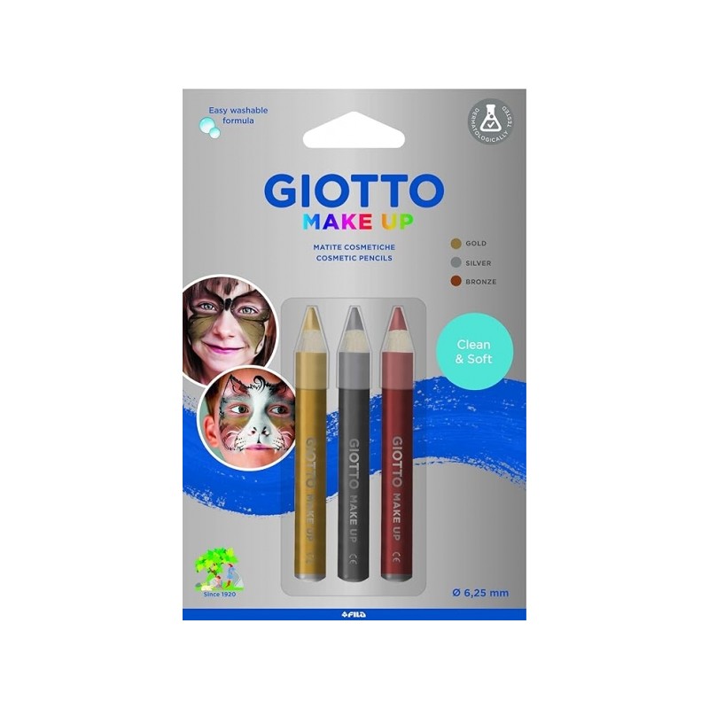 Giotto Make Up Metallic Pack avec 3 crayons cosmétiques - Se lave à l'eau - Testé dermatologiquement - Couleurs métalliques