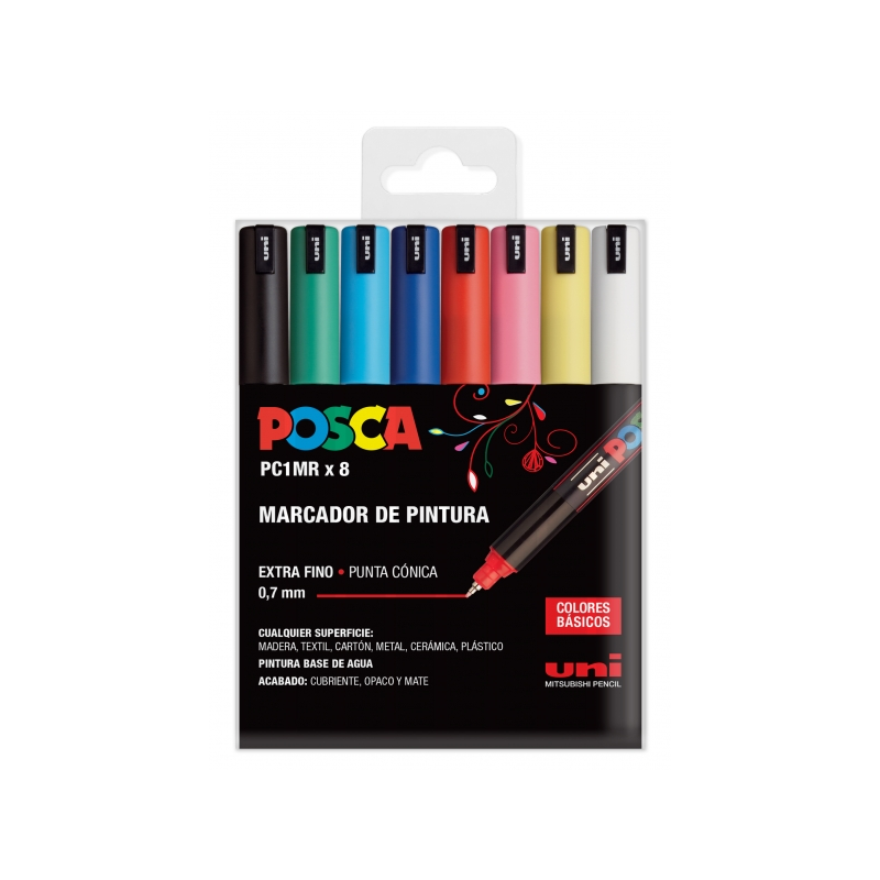 Posca PC1MR/8C Étui de 8 marqueurs peinture - Pointe rouleau fibre 0,7 mm - Encre pigmentée à base d'eau - Résistant à la
