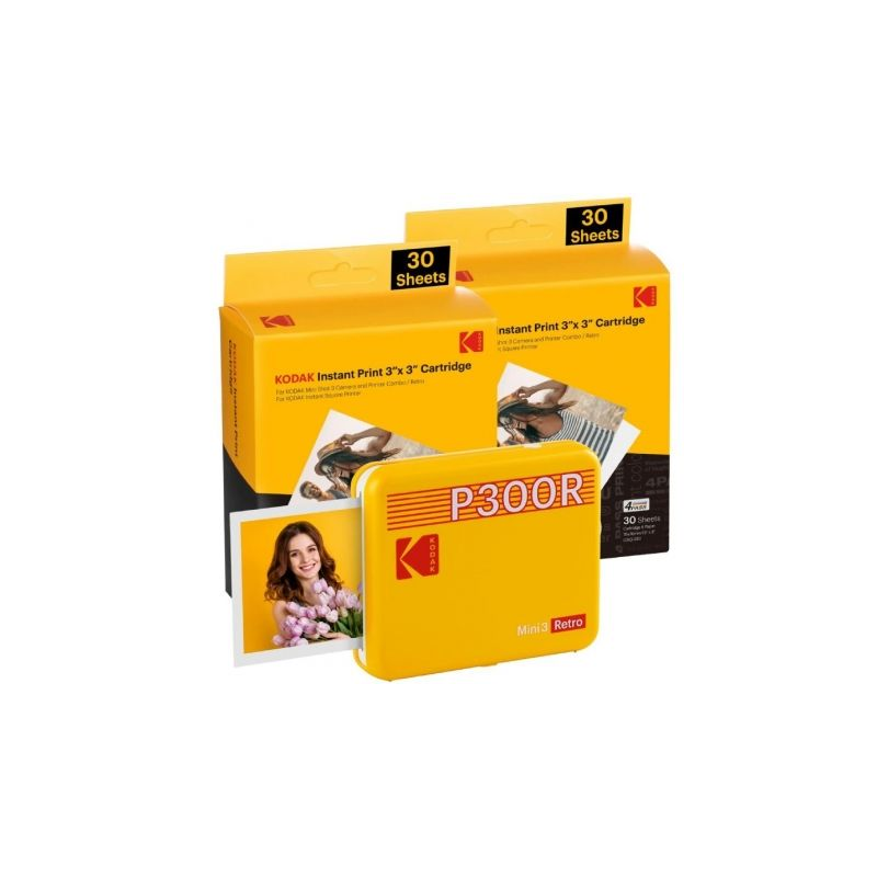 Pack Imprimante Photo Portable Bluetooth Rétro Kodak Mini 3 + 60 Feuilles de Papier Photo - Format d'impression 7,62x7,62 cm