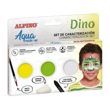 ✅ Alpino Aqua Make Up Coffret de Caractérisation des Dinosaures - 3 Compacts + Cire Noire + Pinceau + Éponge c en stock