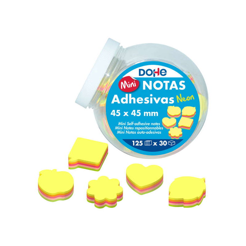 Dohe Présentoir de 30 Mini Notes Autocollantes Néon - 4,5x4,5 cm - Formes Assorties - 125 Feuilles Chacune