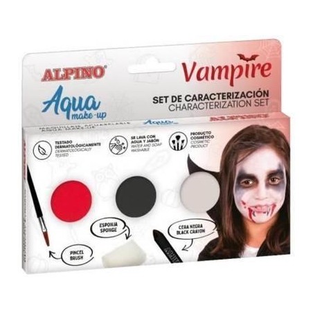 ✅ Alpino Aqua Make Up Vampire Caractérisation Set - 3 Compacts + Cire Noire + Pinceau + Éponge couleur Surtido en stock