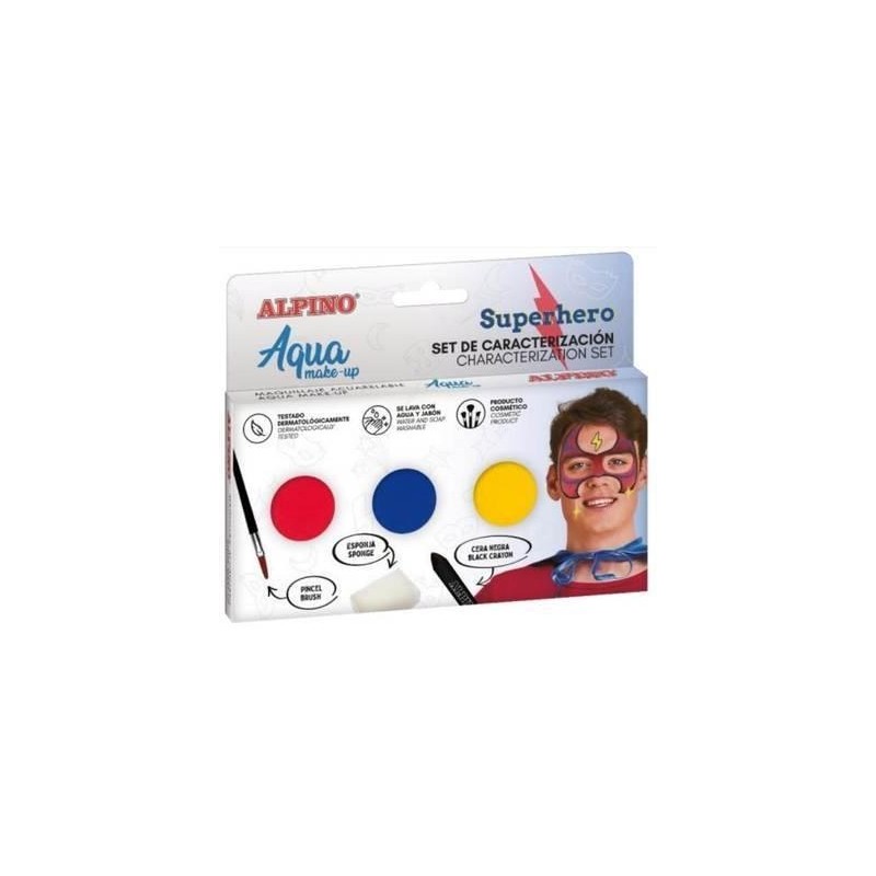 Alpino Aqua Make Up Coffret de Caractérisation de Super-Héros - 3 Compacts + Cire Noire + Pinceau + Éponge