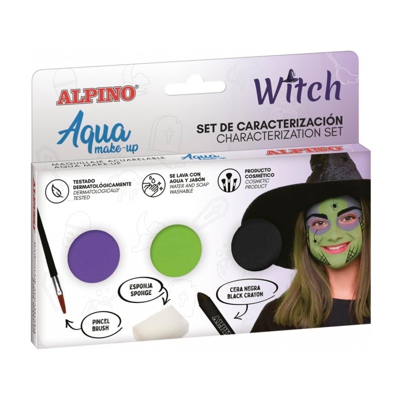 Alpino Aqua Make Up Witch Caractérisation Set - 3 Compacts + Cire Noire + Pinceau + Éponge