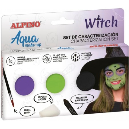 ✅ Alpino Aqua Make Up Witch Caractérisation Set - 3 Compacts + Cire Noire + Pinceau + Éponge couleur Surtido en stock