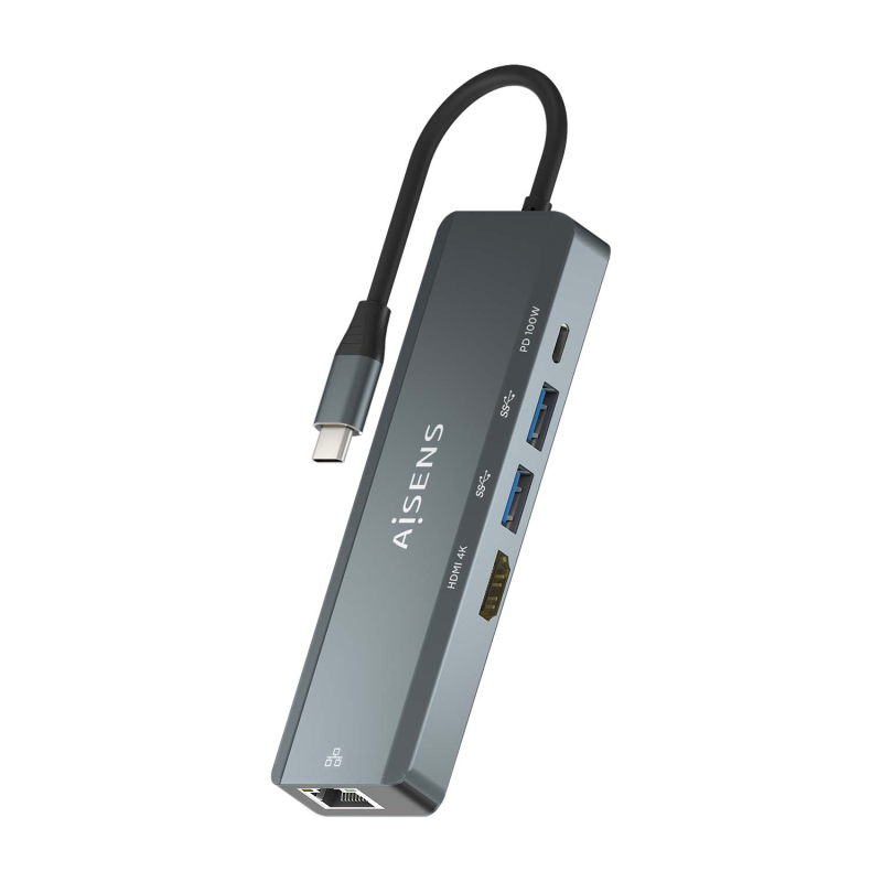 Aisens USB-C Dock 5 en 1 - USB-C vers 1xHDMI - 1xRJ45 - 2xUSB - 1xpd - 15cm - Couleur Gris