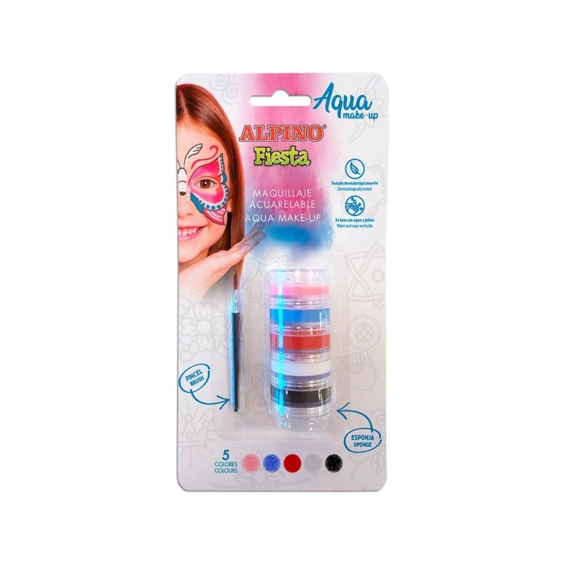Alpino Fiesta Aqua Make-up Pack tour de maquillage aquarelle pour le visage avec 5 couleurs différentes + pinceau + éponge - Se